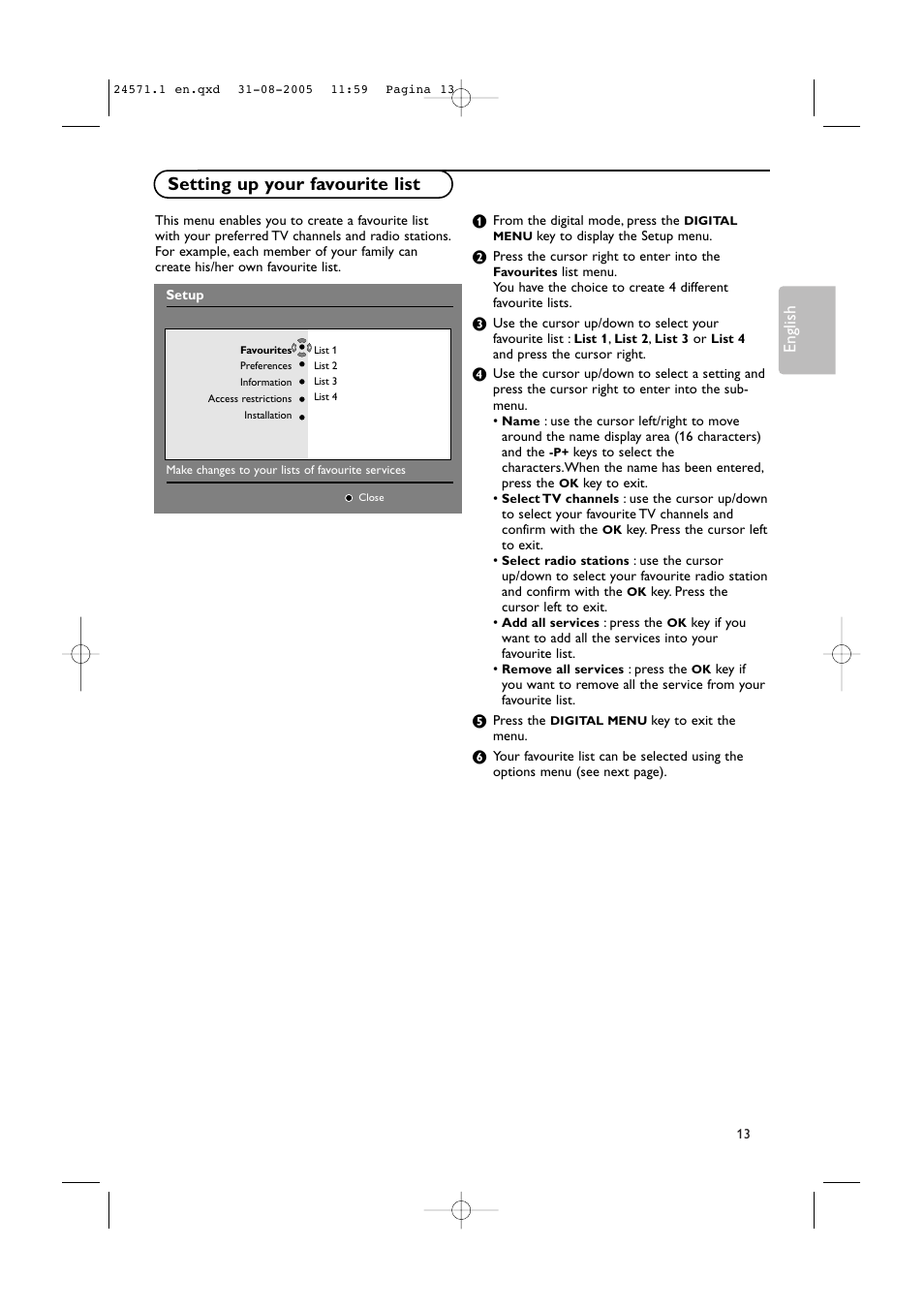 Setting up your favourite list, English | Philips 50PF9967D/10 User Manual | Page 13 / 38