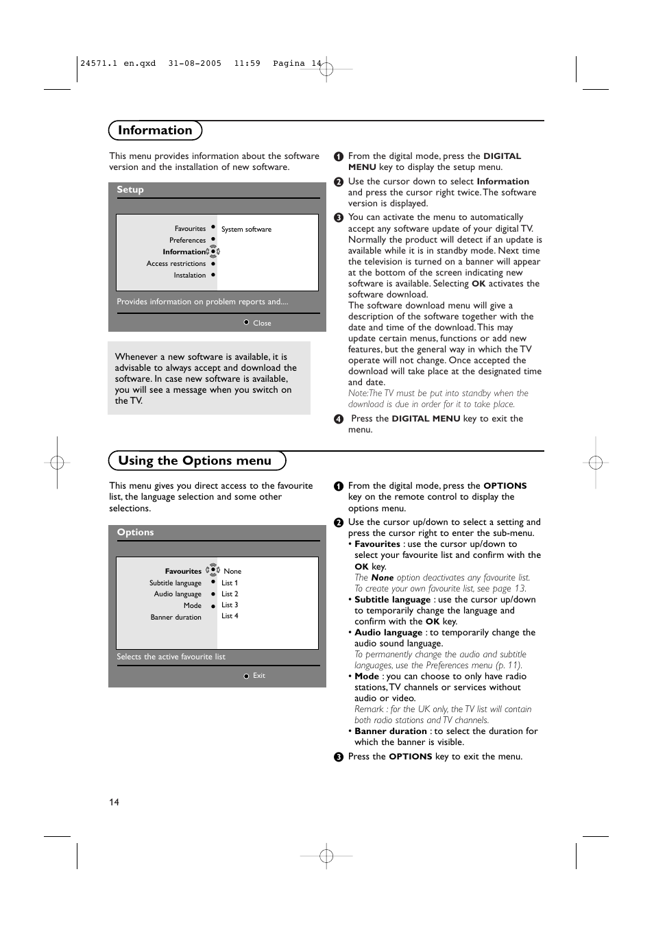 Using the options menu information | Philips 50PF9967D/10 User Manual | Page 14 / 38