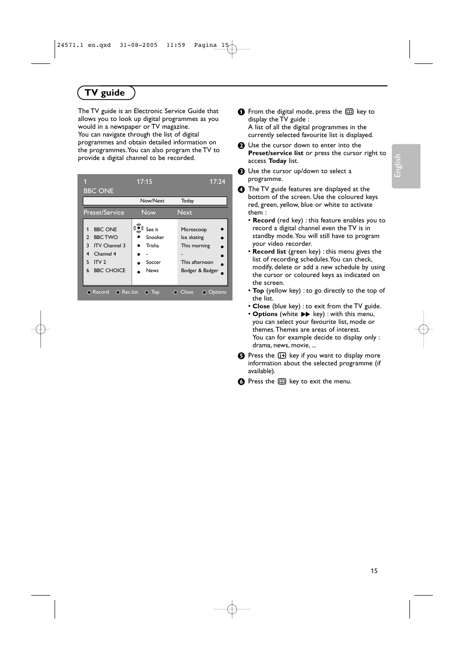 Tv guide, English | Philips 50PF9967D/10 User Manual | Page 15 / 38