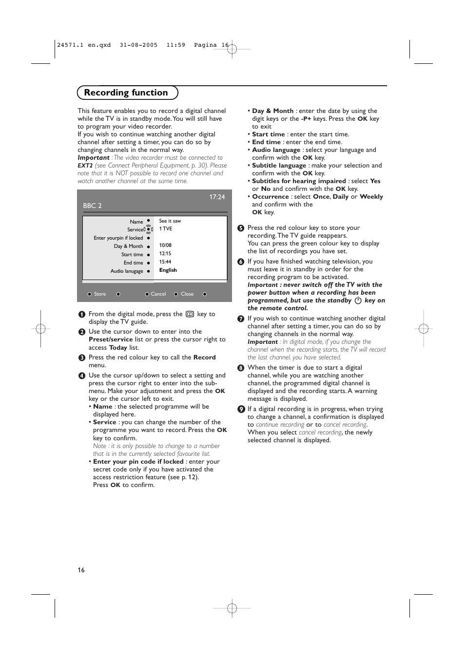 Recording function | Philips 50PF9967D/10 User Manual | Page 16 / 38