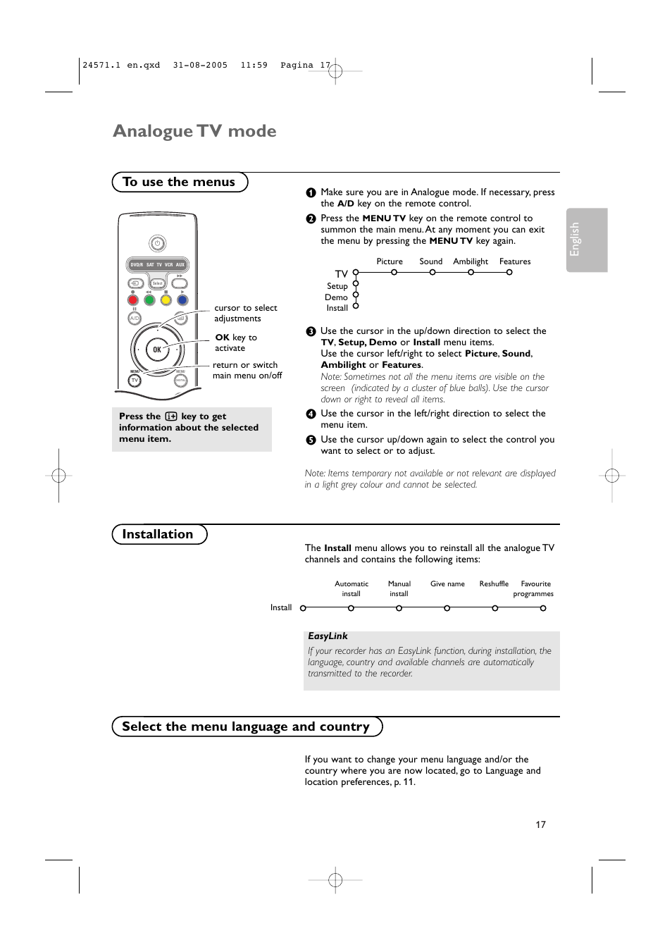 Analogue tv mode, English | Philips 50PF9967D/10 User Manual | Page 17 / 38