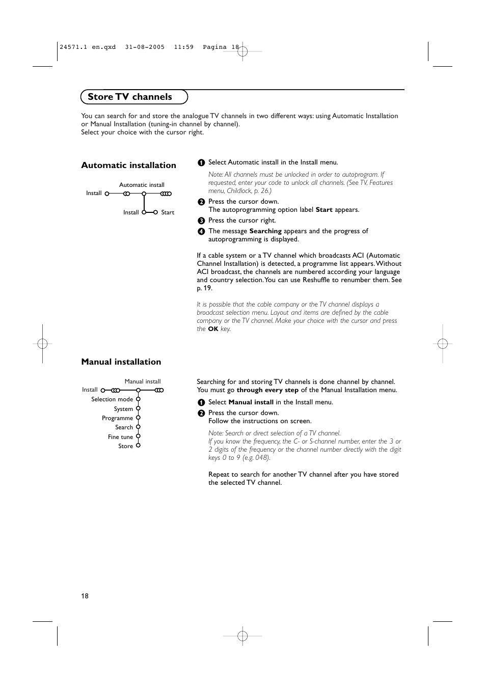 Store tv channels, Manual installation automatic installation | Philips 50PF9967D/10 User Manual | Page 18 / 38