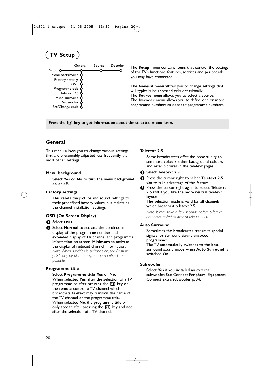 Tv setup, General | Philips 50PF9967D/10 User Manual | Page 20 / 38