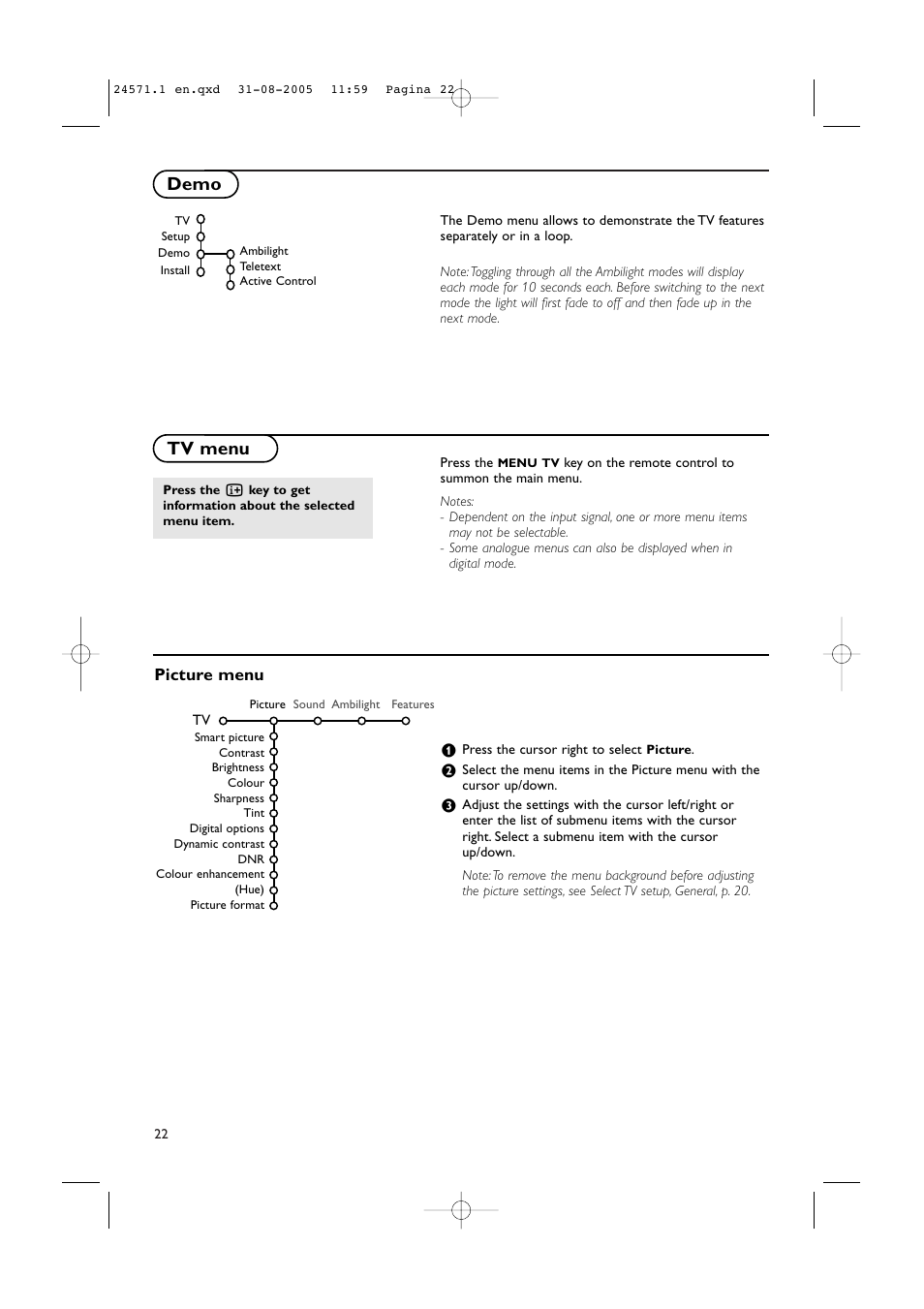 Tv menu demo, Picture menu | Philips 50PF9967D/10 User Manual | Page 22 / 38