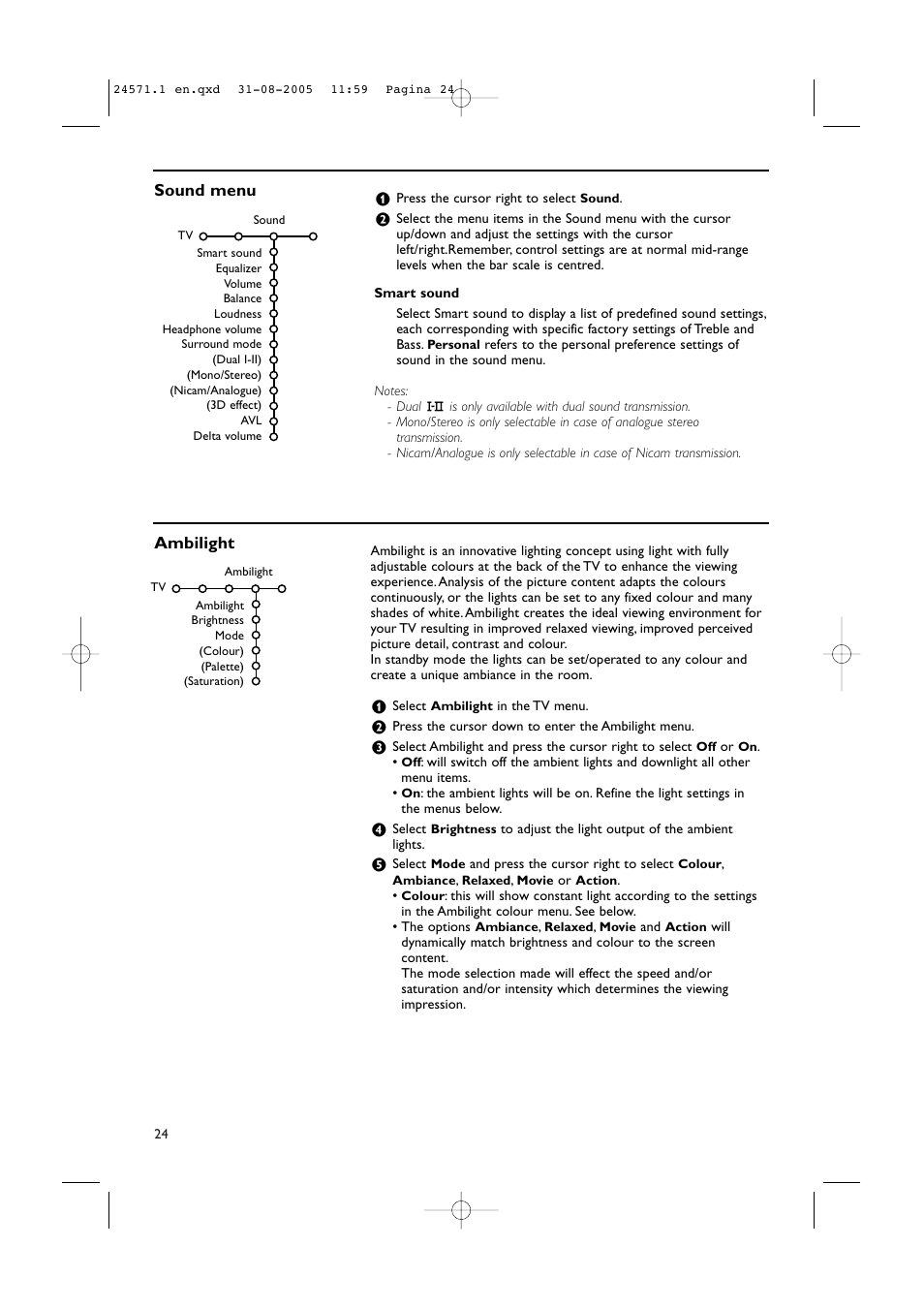 Ambilight sound menu | Philips 50PF9967D/10 User Manual | Page 24 / 38