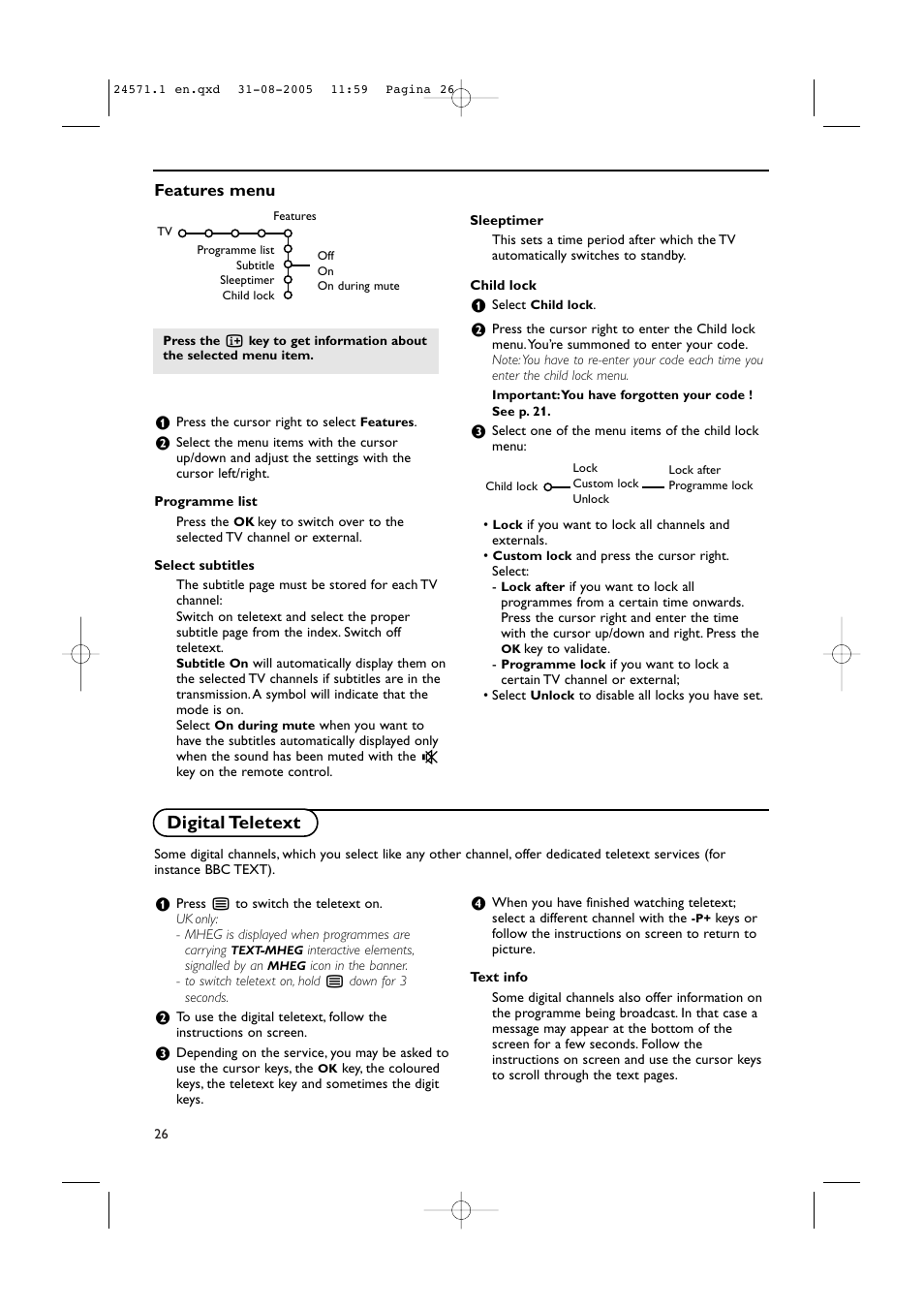 Digital teletext, Features menu | Philips 50PF9967D/10 User Manual | Page 26 / 38