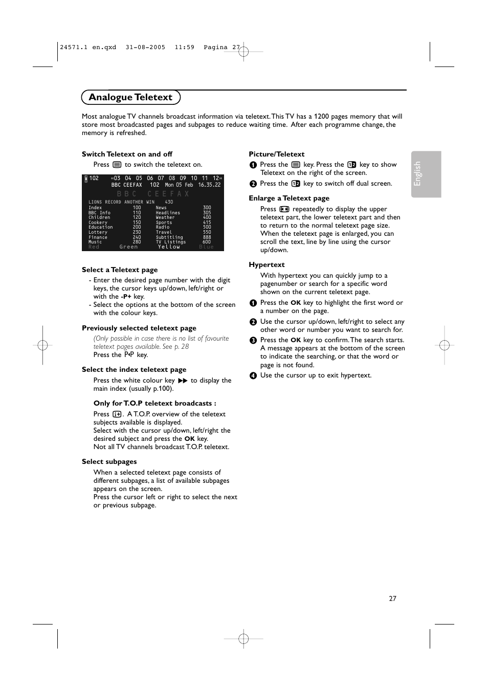 Analogue teletext, English | Philips 50PF9967D/10 User Manual | Page 27 / 38
