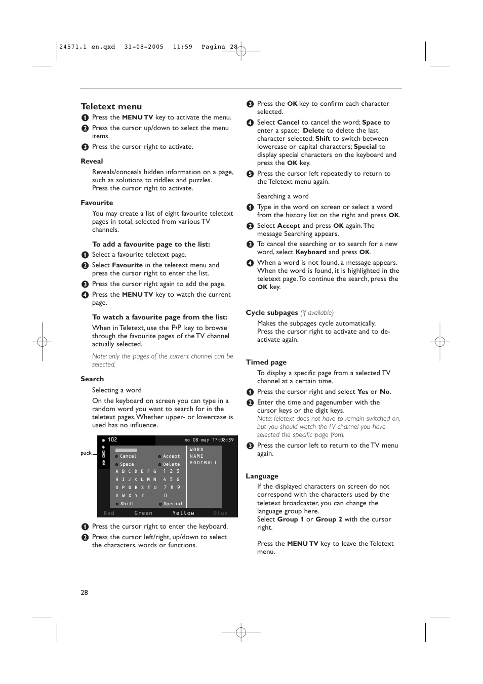 Teletext menu | Philips 50PF9967D/10 User Manual | Page 28 / 38