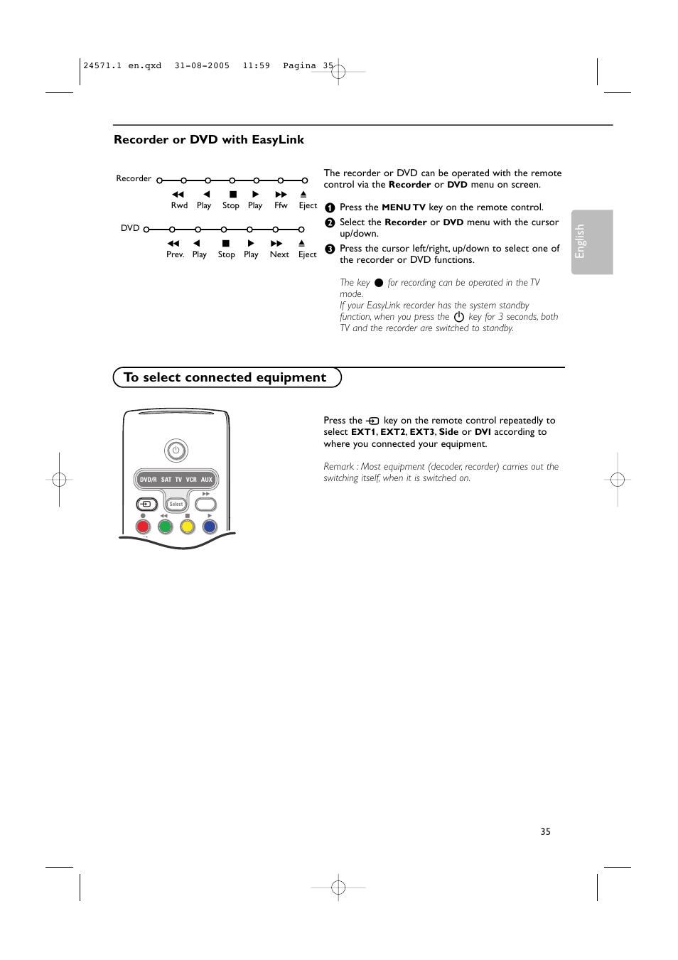 English, Recorder or dvd with easylink | Philips 50PF9967D/10 User Manual | Page 35 / 38