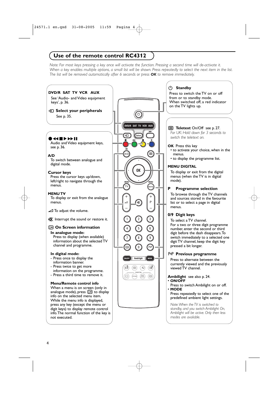 Use of the remote control rc4312 | Philips 50PF9967D/10 User Manual | Page 4 / 38