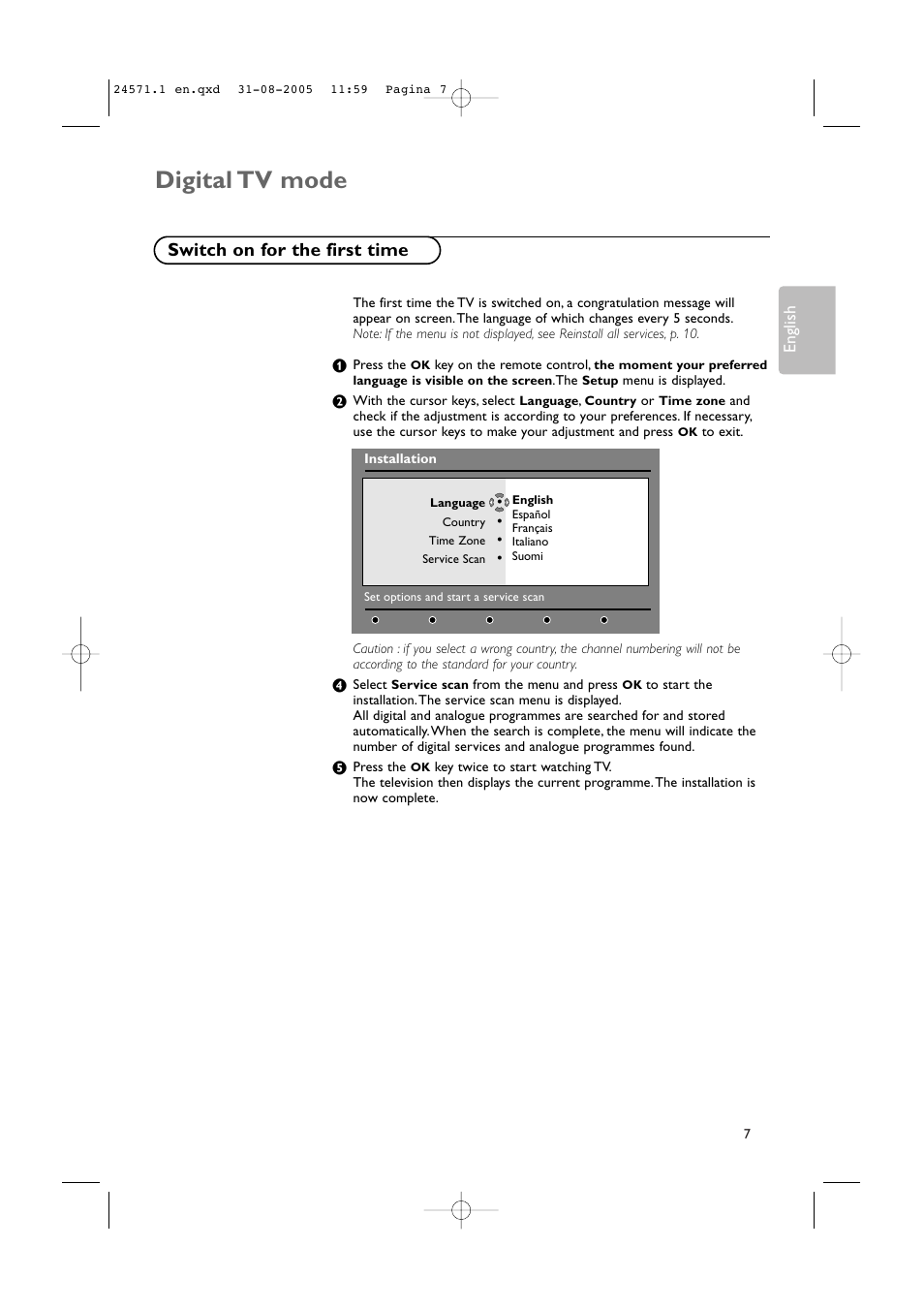 Digital tv mode, Switch on for the first time | Philips 50PF9967D/10 User Manual | Page 7 / 38