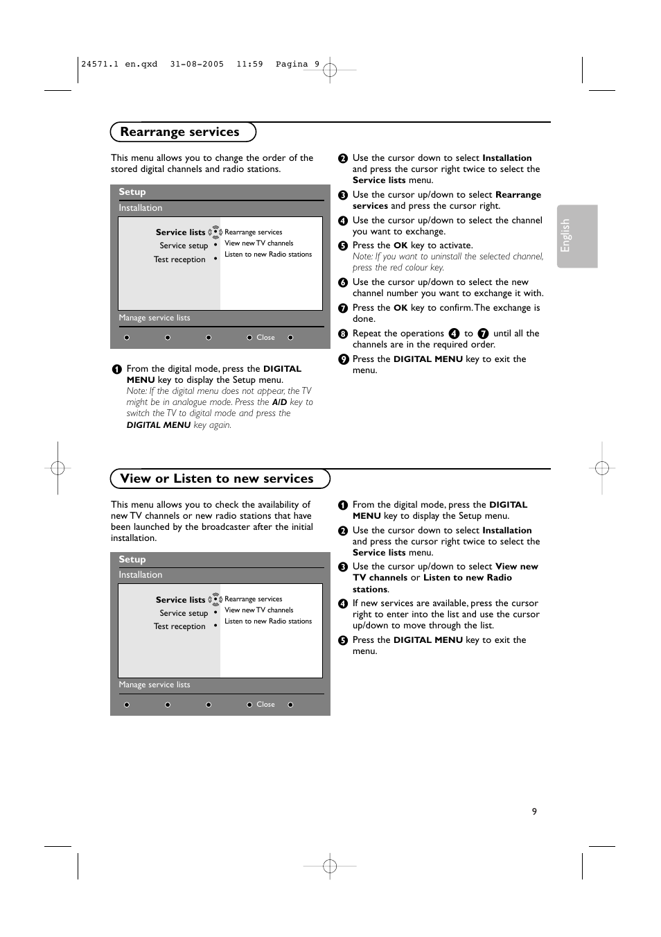 View or listen to new services rearrange services, English | Philips 50PF9967D/10 User Manual | Page 9 / 38