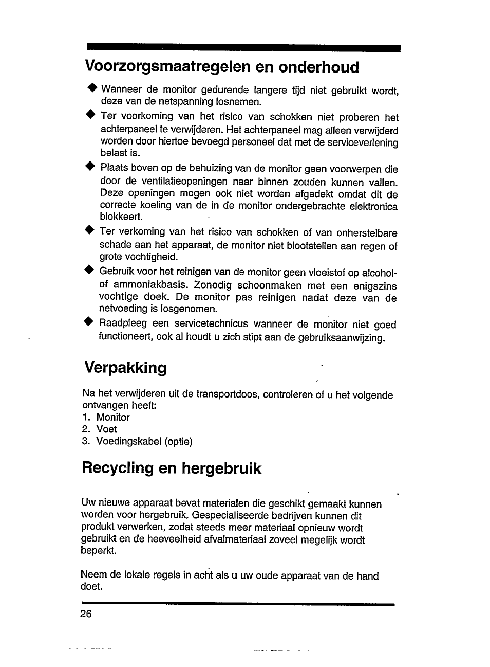 Voorzorgsmaatregelen en onderhoud, Verpakking, Recycling en hergebruik | Philips SVGA/EVGA 15C04204 User Manual | Page 6 / 16