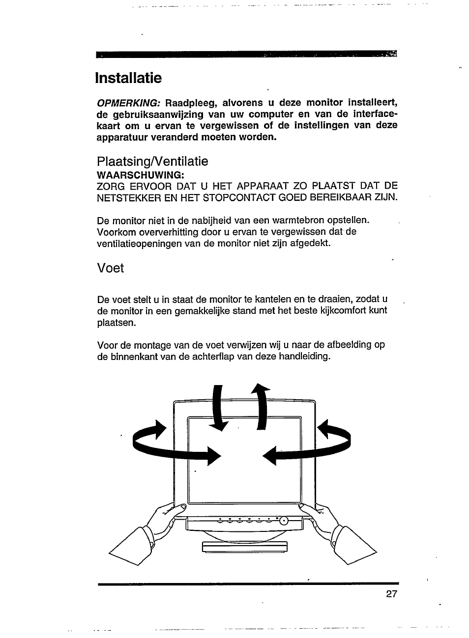 Installatie, Plaatsing/ventilatie, Voet | Philips SVGA/EVGA 15C04204 User Manual | Page 7 / 16