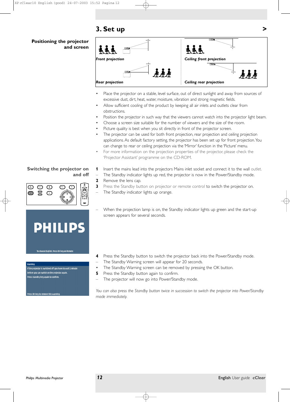 Set up, Positioning the projector and screen, Switching the projector on and off | Philips bSure 1 User Manual | Page 12 / 47