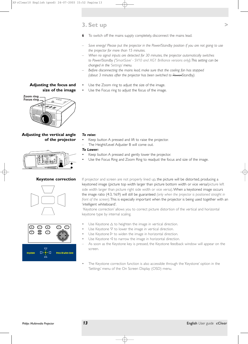 Adjusting the focus and size of the image, Adjusting the vertical angle of the projector, Keystone correction | Set up | Philips bSure 1 User Manual | Page 13 / 47