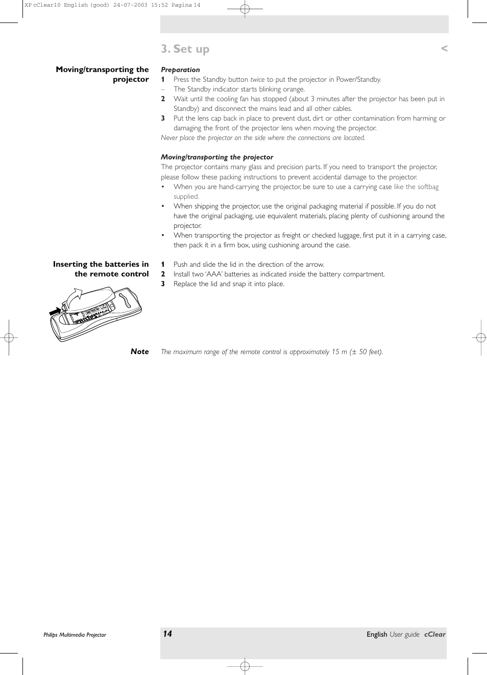 Moving/transporting the projector, Preparation, Inserting the batteries in the remote control | Set up | Philips bSure 1 User Manual | Page 14 / 47