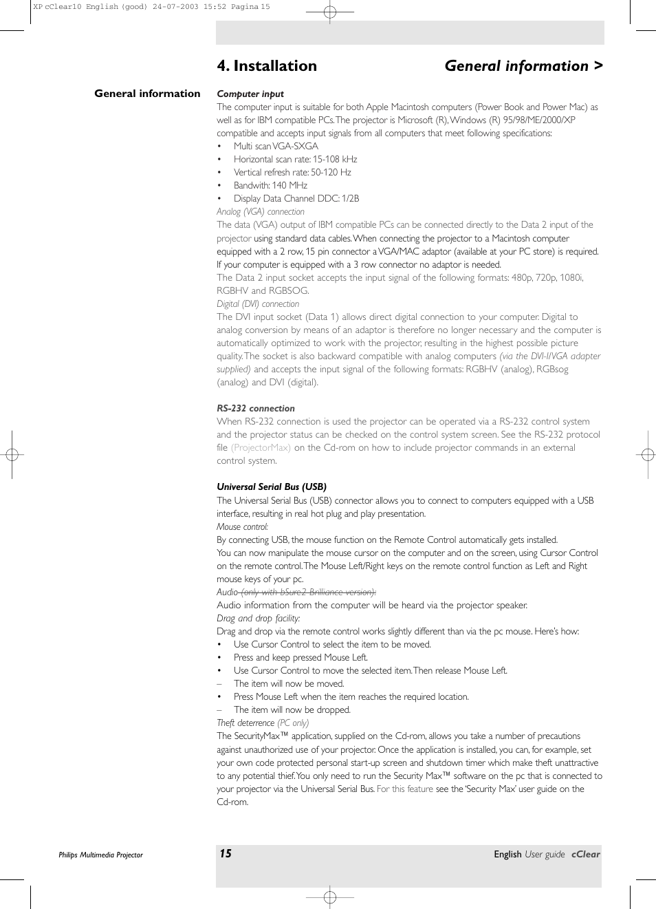 Installation, General information, Computer input | Rs-232 connection, Universal serial bus usb | Philips bSure 1 User Manual | Page 15 / 47