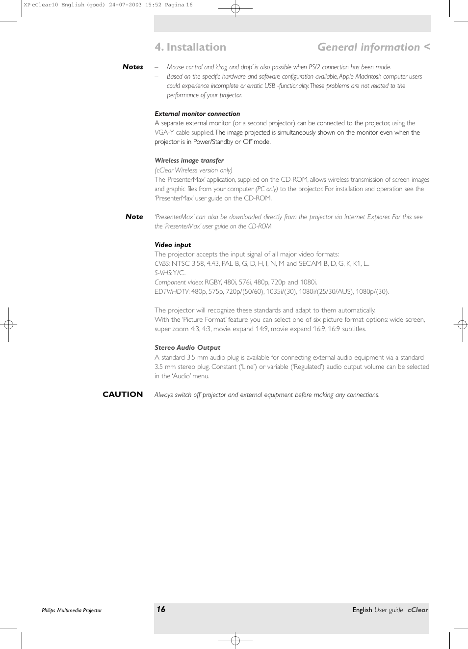 External monitor connection, Wireless image transfer, Video input | Installation, General information | Philips bSure 1 User Manual | Page 16 / 47