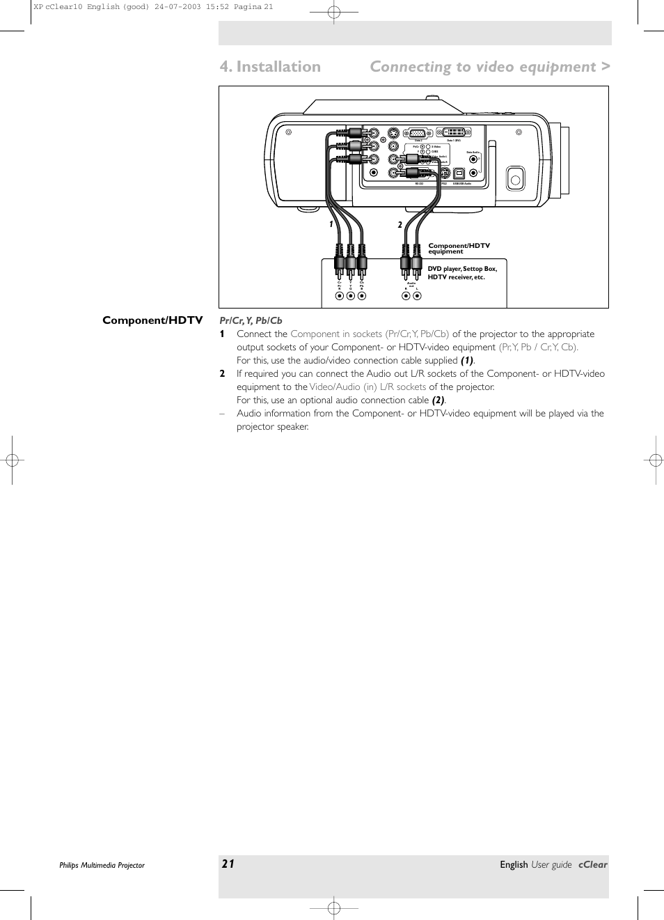 Component/hdtv, Installation, Connecting to video equipment | English user guide cclear | Philips bSure 1 User Manual | Page 21 / 47