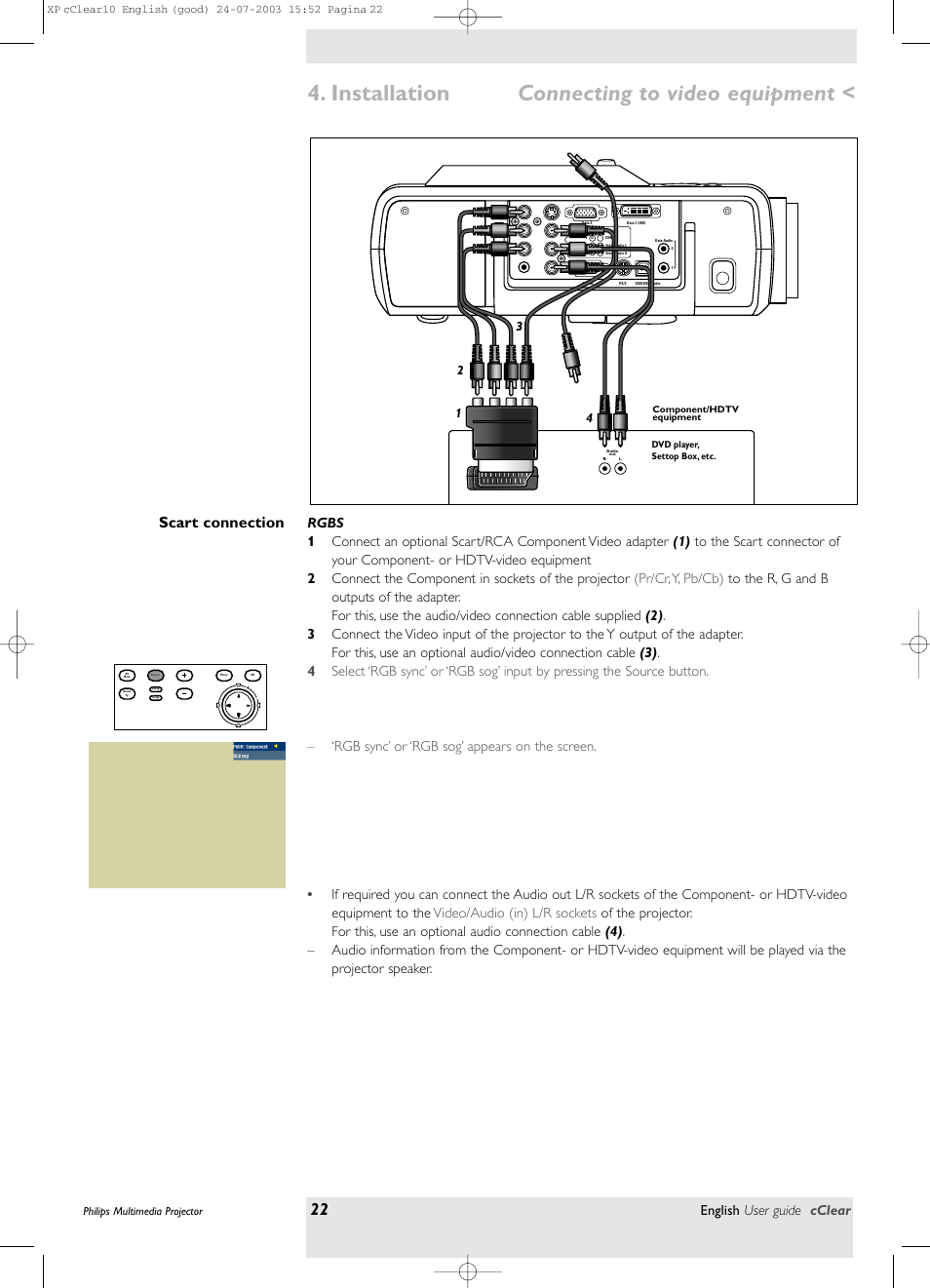 Scart connection, Installation, Connecting to video equipment | English user guide cclear, Philips multimedia projector | Philips bSure 1 User Manual | Page 22 / 47