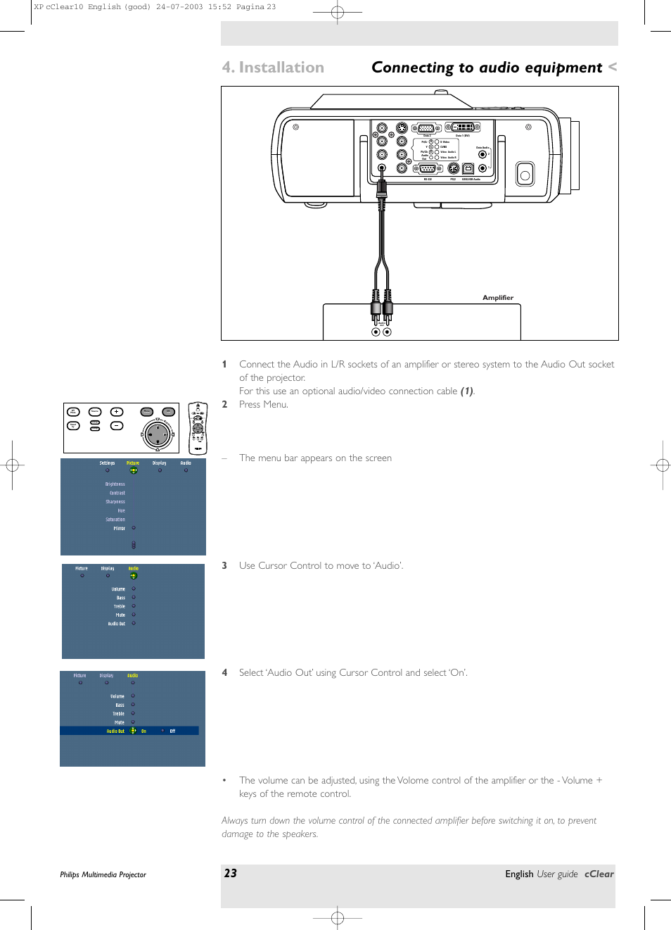 Connecting to audio equipment, Installation, English user guide cclear | Laser, Window | Philips bSure 1 User Manual | Page 23 / 47
