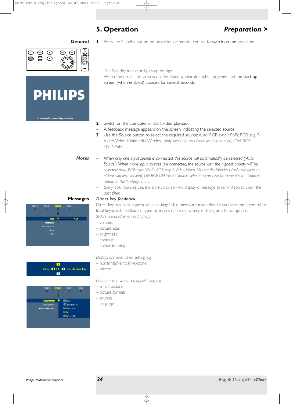 Operation, Preparation, General | Messages, Direct key feedback | Philips bSure 1 User Manual | Page 24 / 47