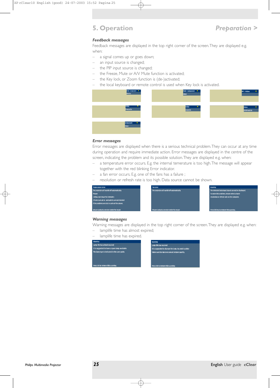 Feedback messages, Error messages, Warning messages | Operation, Preparation | Philips bSure 1 User Manual | Page 25 / 47