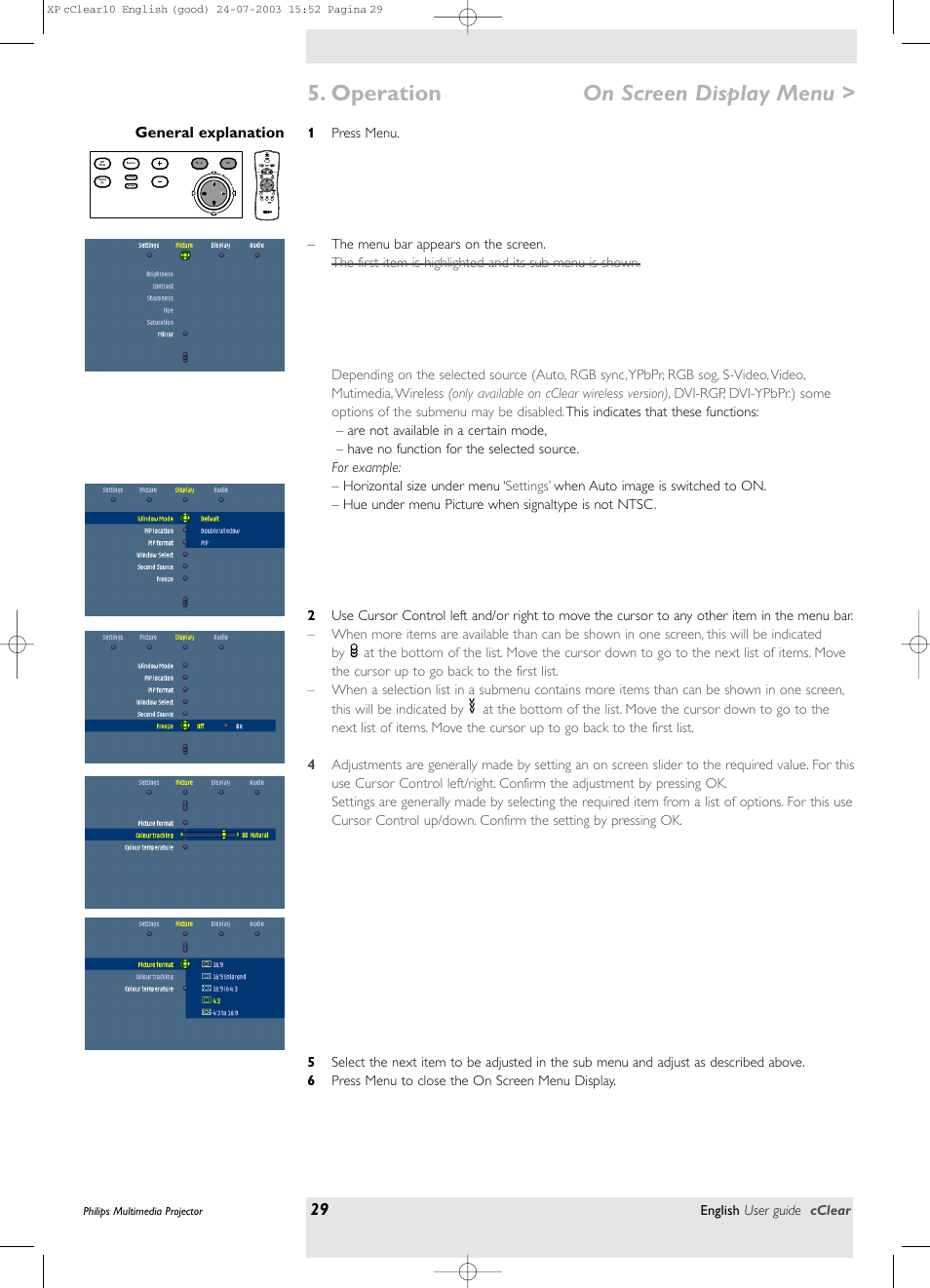 General explanation, Operation, On screen display menu | Philips bSure 1 User Manual | Page 29 / 47