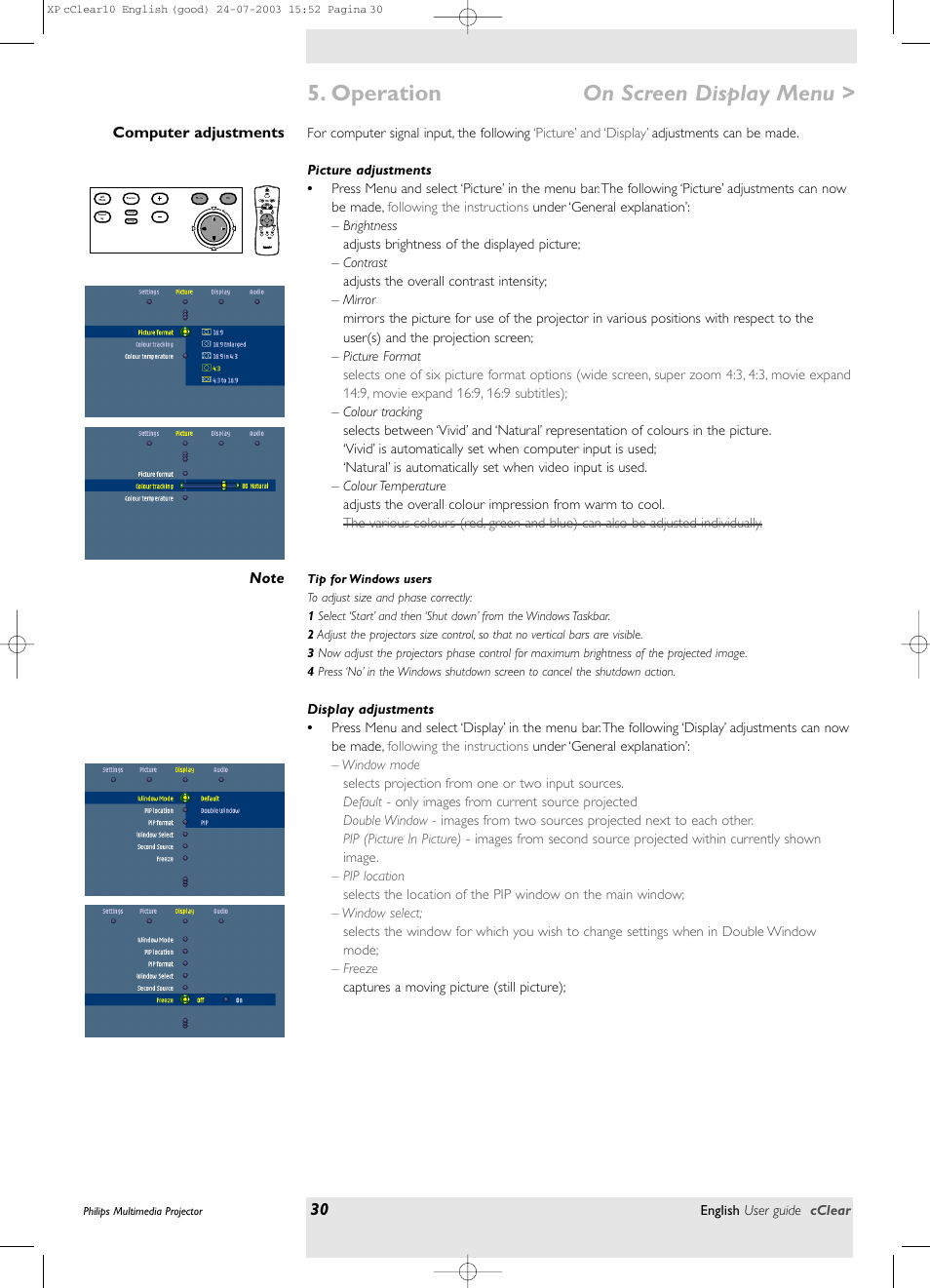 Computer adjustments, Picture adjustments, Display adjustments | Operation, On screen display menu | Philips bSure 1 User Manual | Page 30 / 47