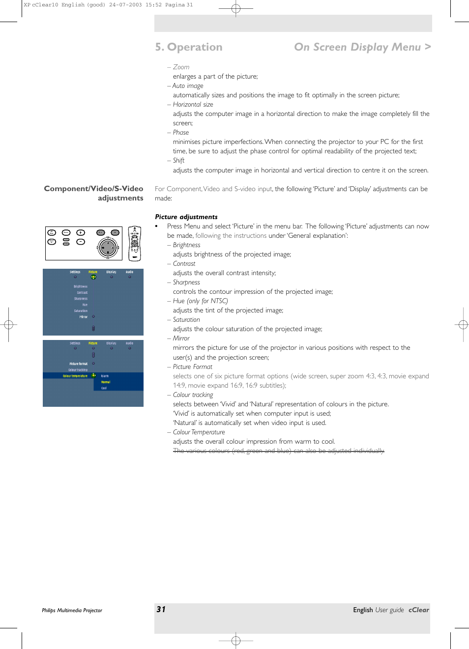 Component/video/s-video adjustments, Picture adjustments, Operation | On screen display menu | Philips bSure 1 User Manual | Page 31 / 47