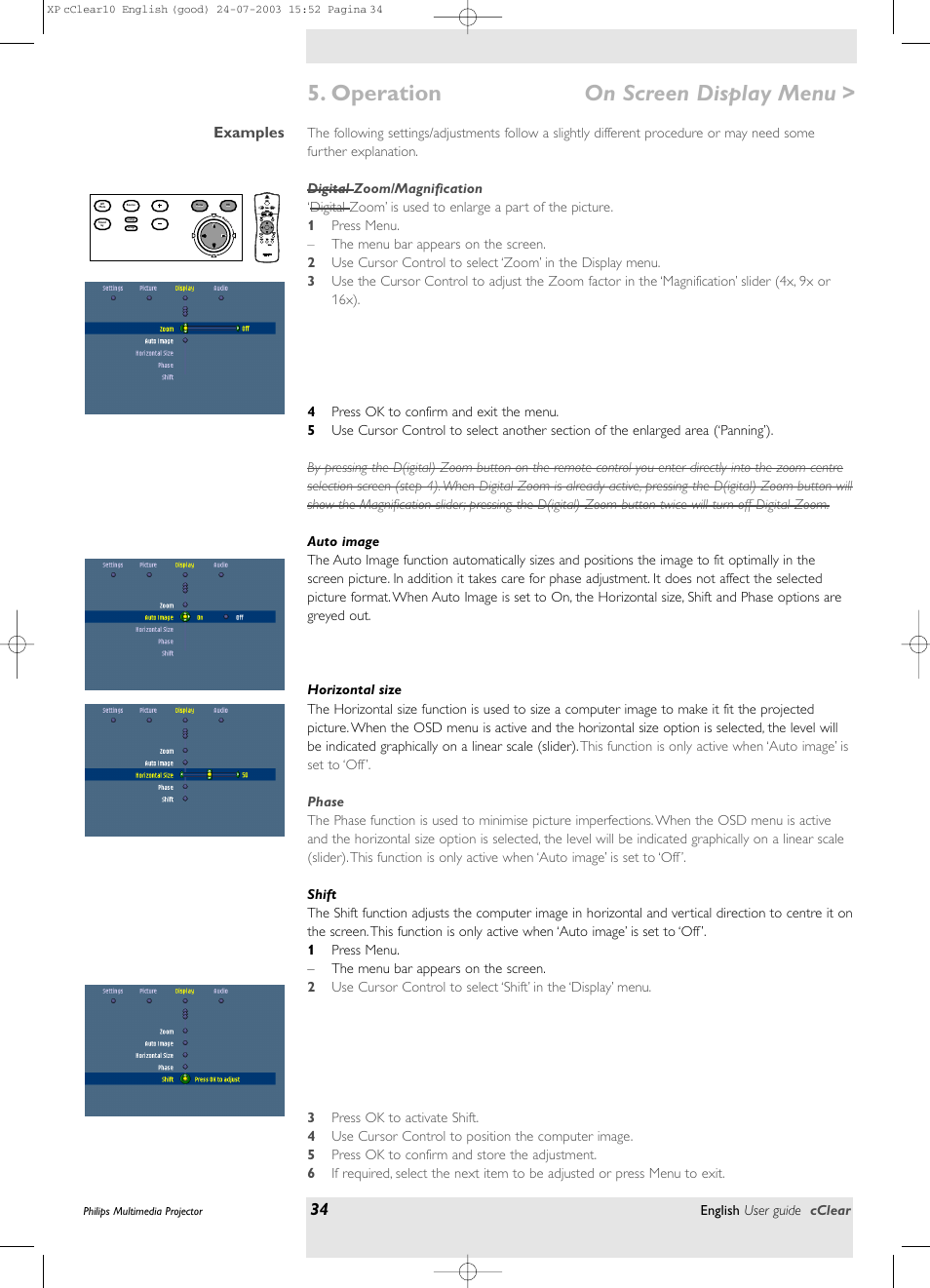 Examples, Digital zoom/magnification, Auto image | Horizontal size, Phase, Shift, Operation, On screen display menu | Philips bSure 1 User Manual | Page 34 / 47