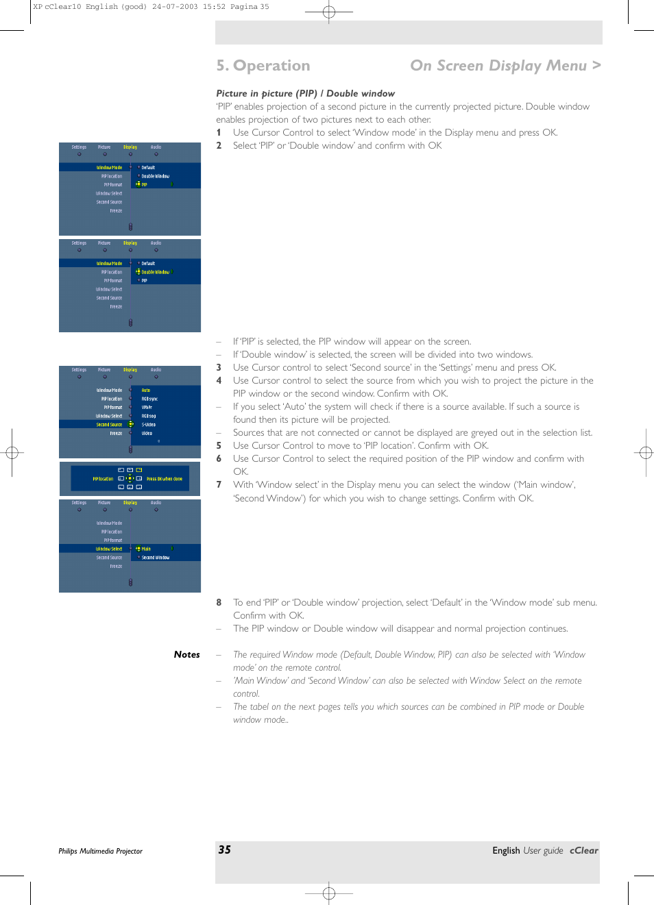 Picture in picture pip / double window, Operation, On screen display menu | Philips bSure 1 User Manual | Page 35 / 47