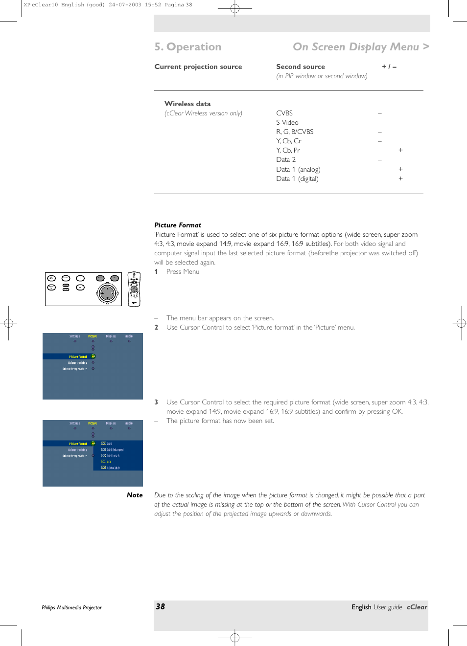 Picture format, Operation, On screen display menu | Philips bSure 1 User Manual | Page 38 / 47