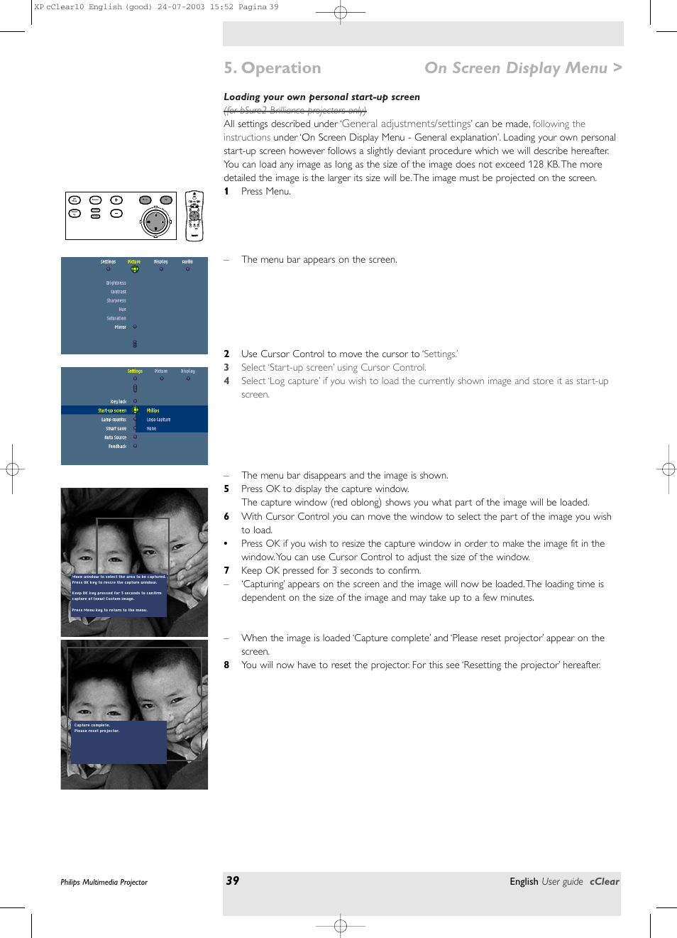 Loading your own personal start-up screen, Operation, On screen display menu | General adjustments/settings | Philips bSure 1 User Manual | Page 39 / 47