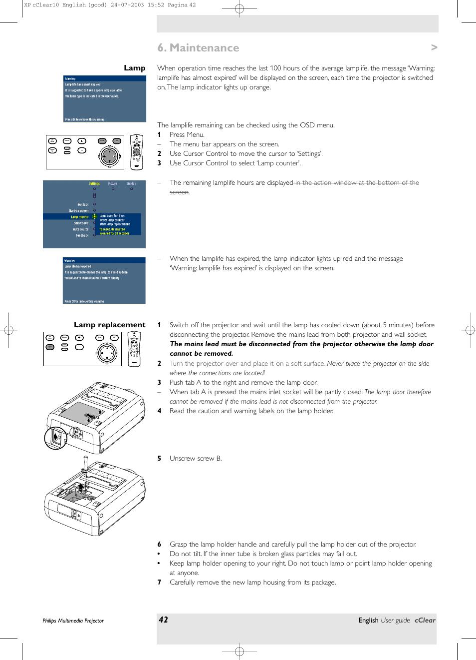 Lamp, Lamp replacement, Maintenance | Lamp lamp replacement | Philips bSure 1 User Manual | Page 42 / 47