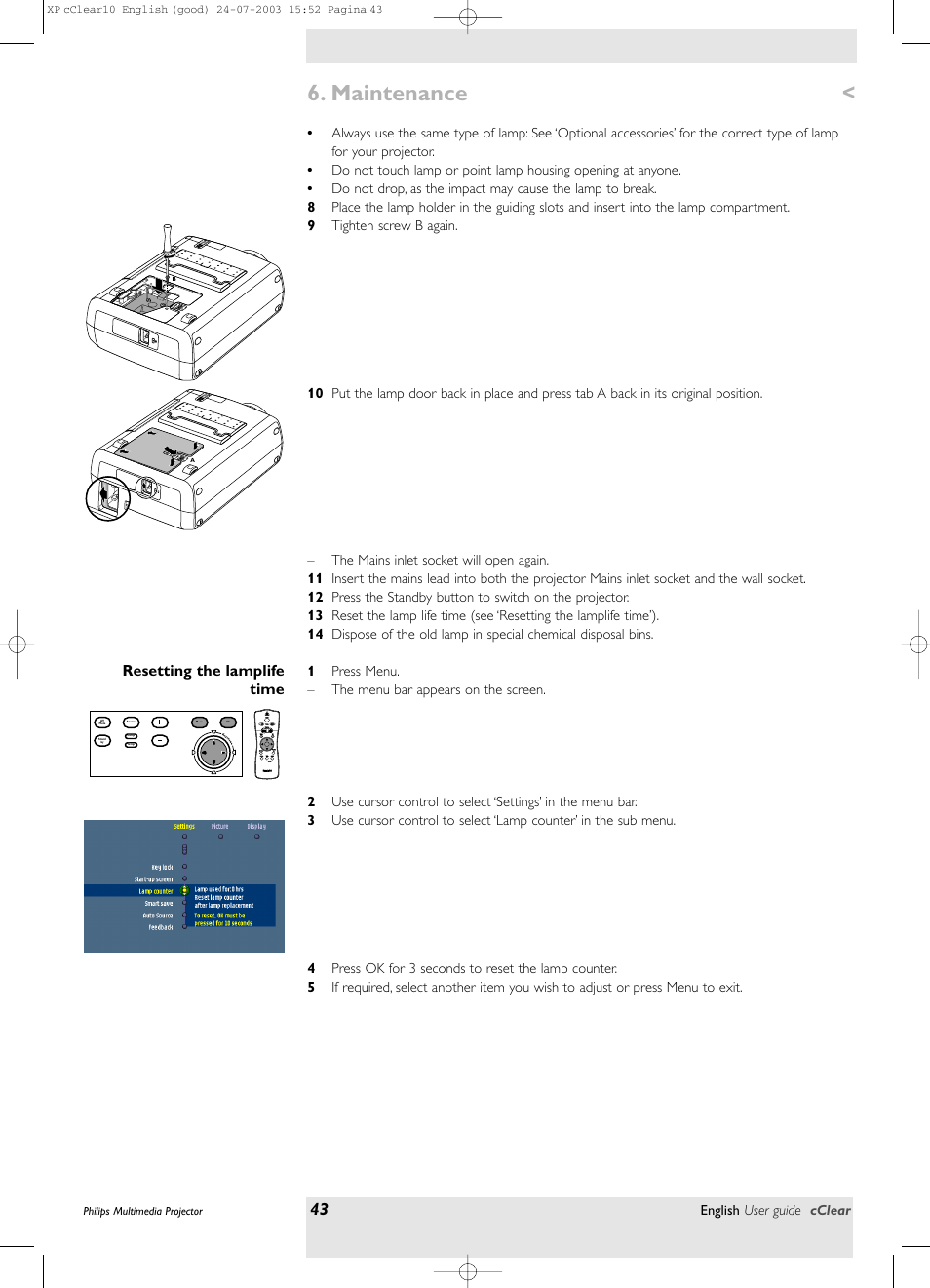 Resetting the lamplife time, Maintenance | Philips bSure 1 User Manual | Page 43 / 47