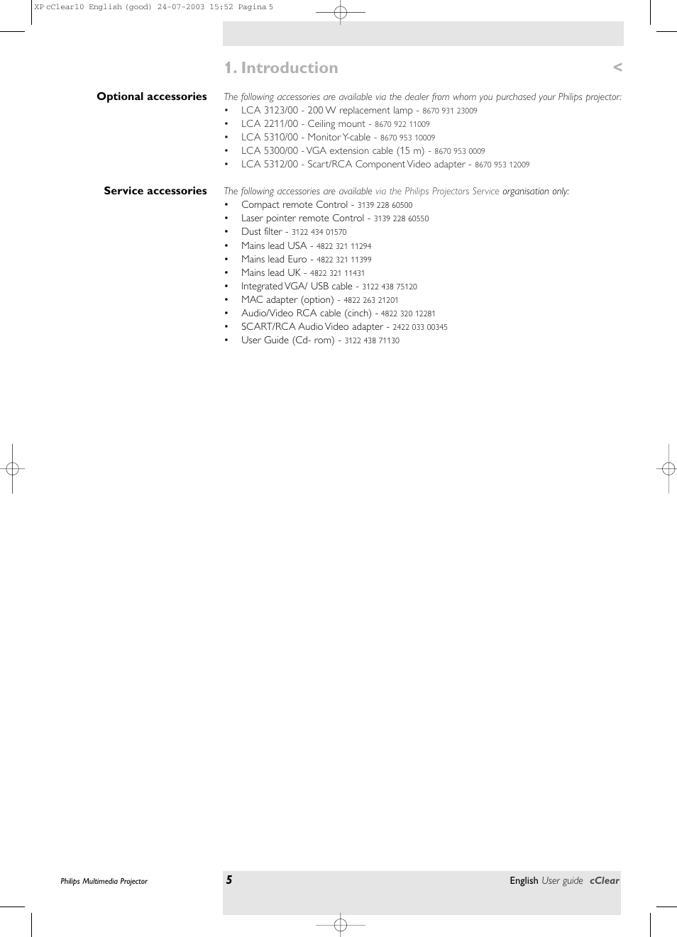 Optional accessories, Service accessories, Introduction | Philips bSure 1 User Manual | Page 5 / 47