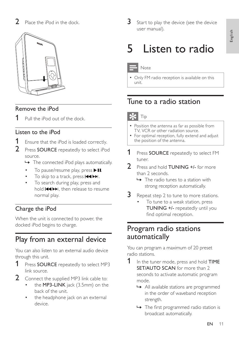 5 listen to radio, Tune to a radio station, Program radio stations automatically | Play from an external device | Philips DC190B/37 User Manual | Page 11 / 15