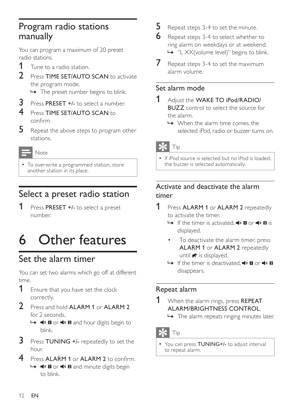 6 other features, Program radio stations manually, Select a preset radio station 1 | Set the alarm timer | Philips DC190B/37 User Manual | Page 12 / 15