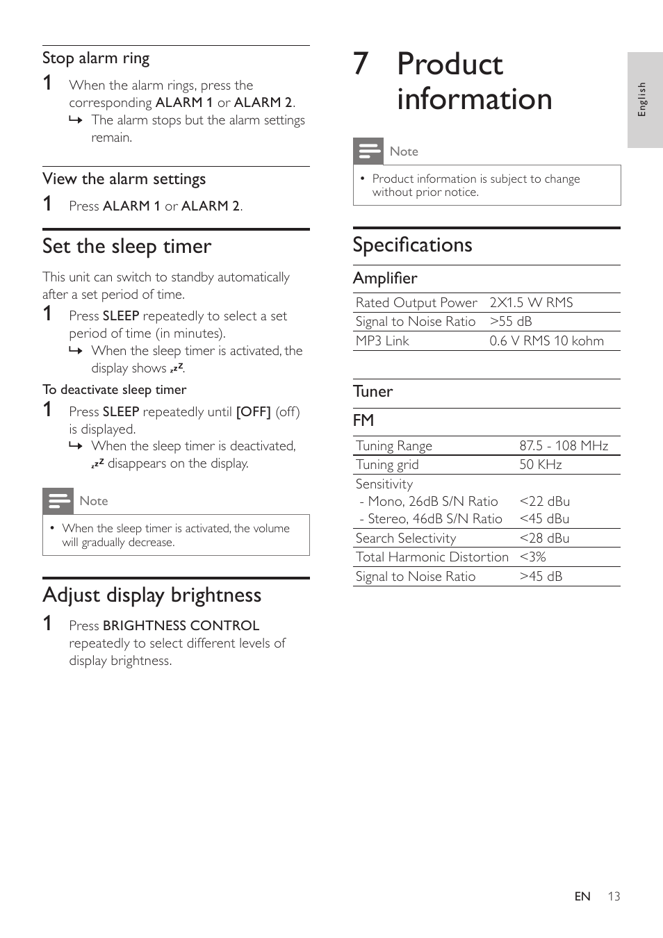 7 product information, Specifi cations, Set the sleep timer | Adjust display brightness 1 | Philips DC190B/37 User Manual | Page 13 / 15