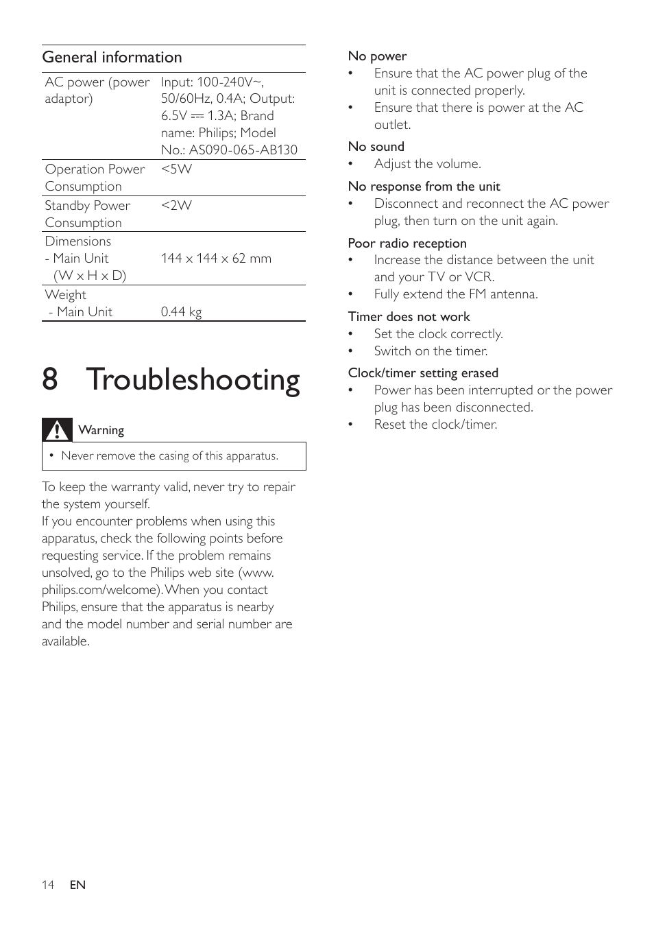 8 troubleshooting, General information | Philips DC190B/37 User Manual | Page 14 / 15