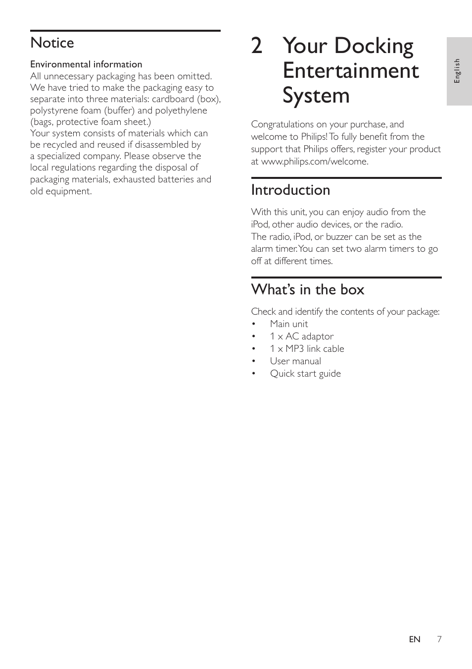 2 your docking entertainment system, Introduction, What’s in the box | Notice | Philips DC190B/37 User Manual | Page 7 / 15