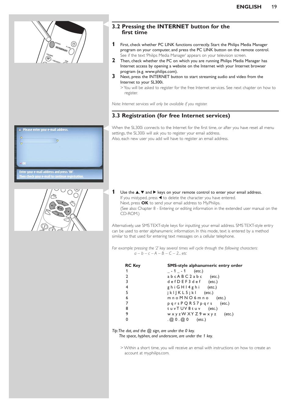 2 pressing the internet button for the first time, 3 registration for free internet services, 3 registration (for free internet services) | Philips SL300I/37 User Manual | Page 19 / 26