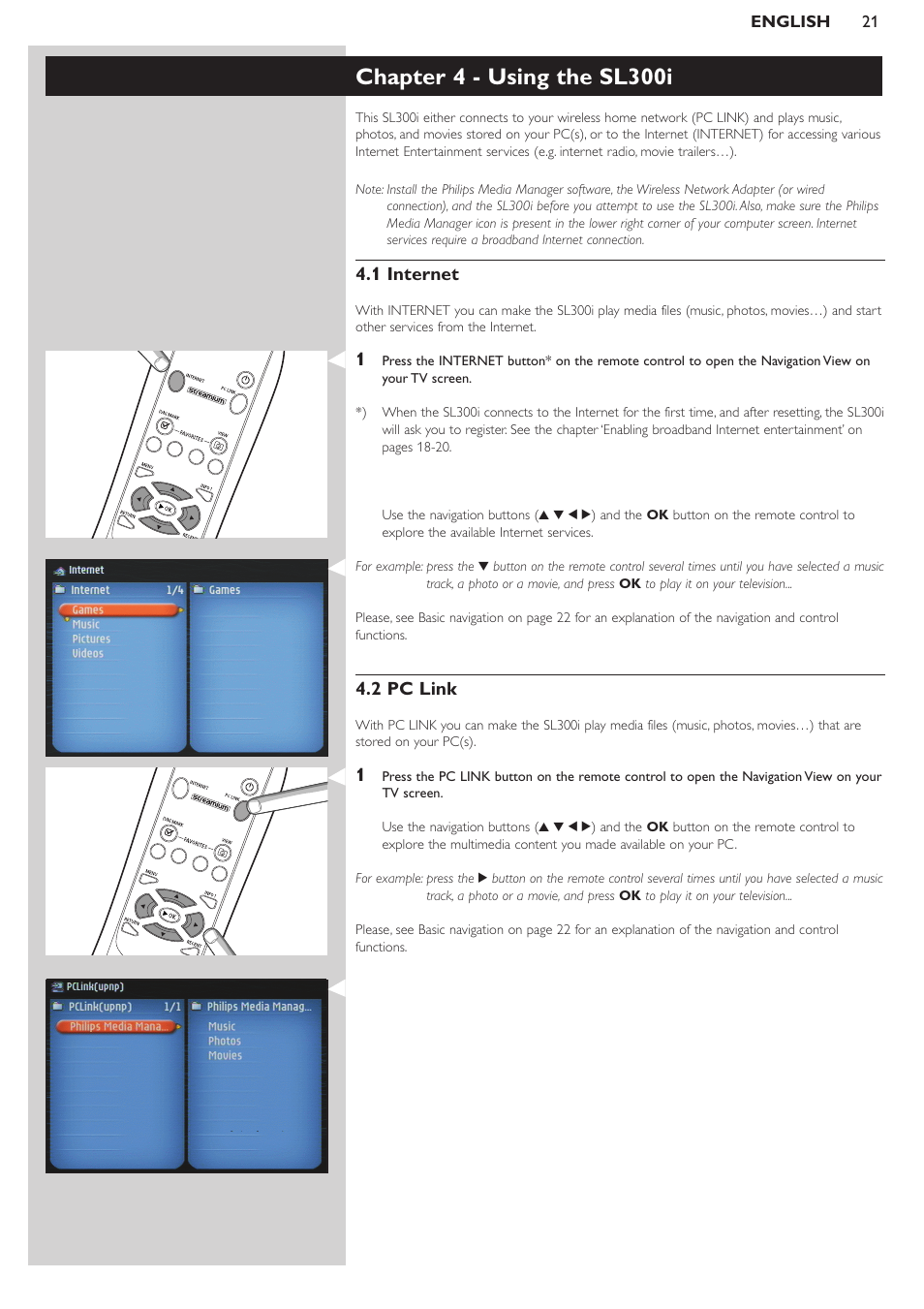 Chapter 4 - using the sl300i, 1 internet, 2 pc link | Philips SL300I/37 User Manual | Page 21 / 26