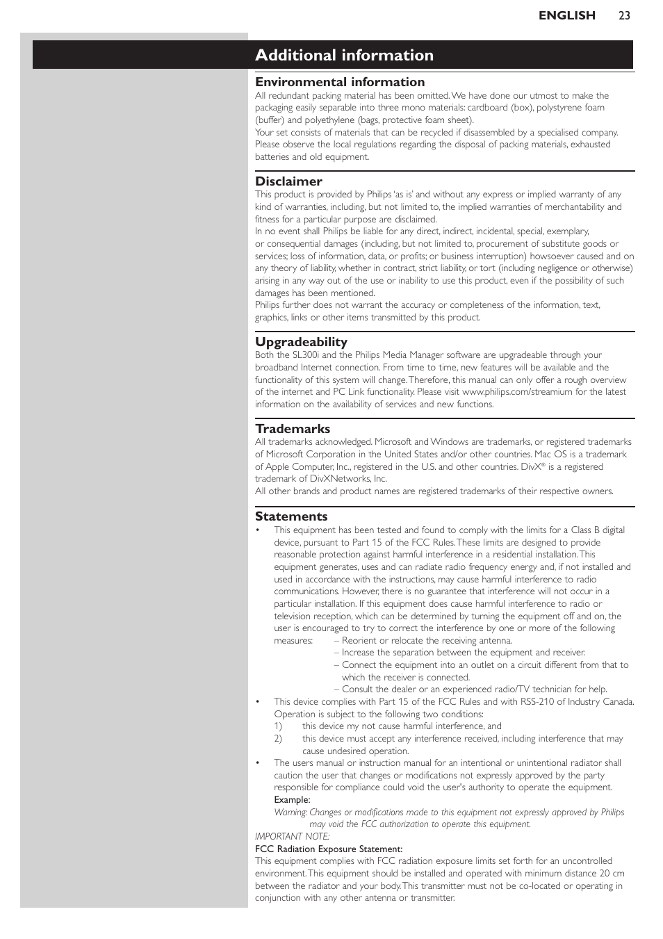 Additional information, Environmental information, Disclaimer | Upgradeability, Trademarks, Statements | Philips SL300I/37 User Manual | Page 23 / 26