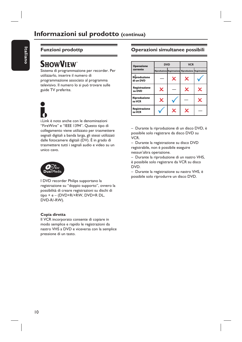 Informazioni sul prodotto, Funzioni prodottp, Continua) operazioni simultanee possibili | Philips DVDR3430V User Manual | Page 10 / 71