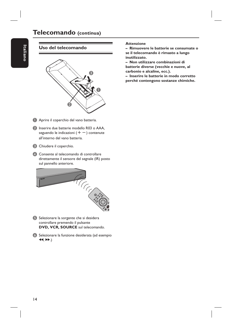 Telecomando | Philips DVDR3430V User Manual | Page 14 / 71