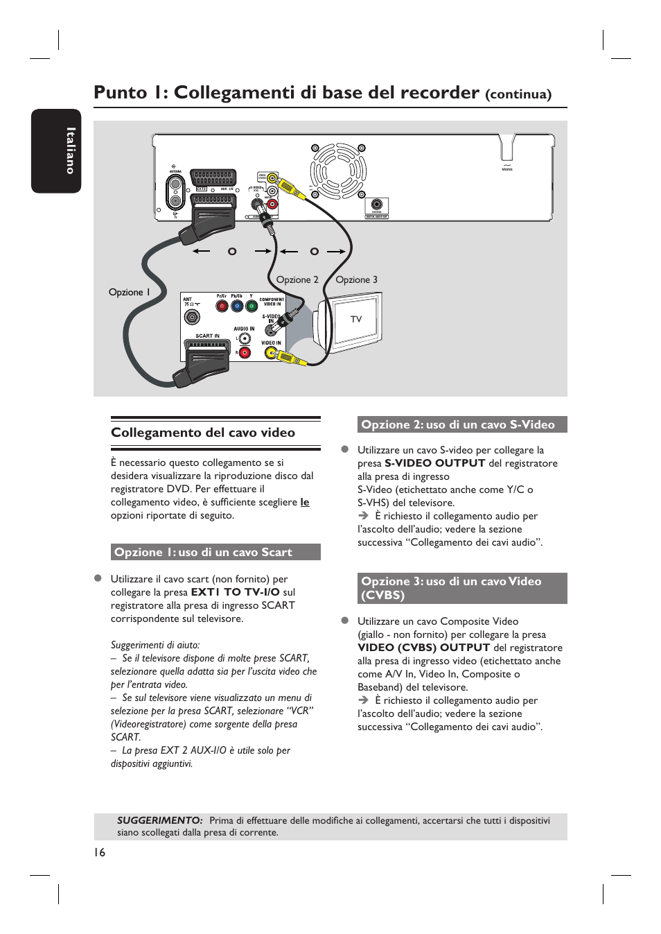 Punto 1: collegamenti di base del recorder, Continua) collegamento del cavo video, Italiano 16 | Opzione 1: uso di un cavo scart, Opzione 2: uso di un cavo s-video, Opzione 3: uso di un cavo video (cvbs), Opzione 1 opzione 2 opzione 3 | Philips DVDR3430V User Manual | Page 16 / 71