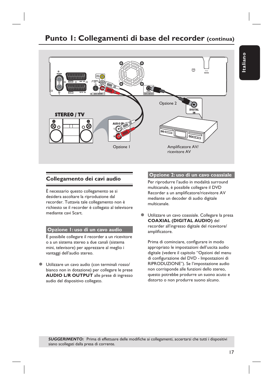 Punto 1: collegamenti di base del recorder, Continua) collegamento dei cavi audio, Italiano 17 | Opzione 1: uso di un cavo audio, Opzione 2: uso di un cavo coassiale | Philips DVDR3430V User Manual | Page 17 / 71